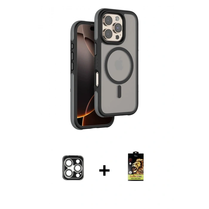 MARSİLYAN™- iPhone 16 Pro Max Kılıf Çekirdek Minimal Prime - Siyah Buffer Cam Ekran Koruyucu + PVD Metal Kamera Lens - GS