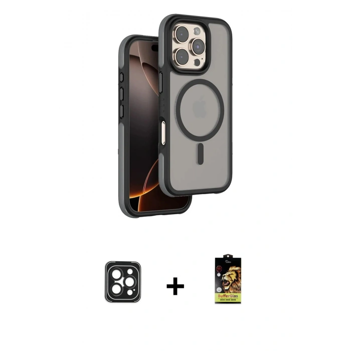 MARSİLYAN™- iPhone 16 Pro Max Kılıf Çekirdek Minimal Prime - Siyah Buffer Cam Ekran Koruyucu + PVD Metal Kamera Lens - SH