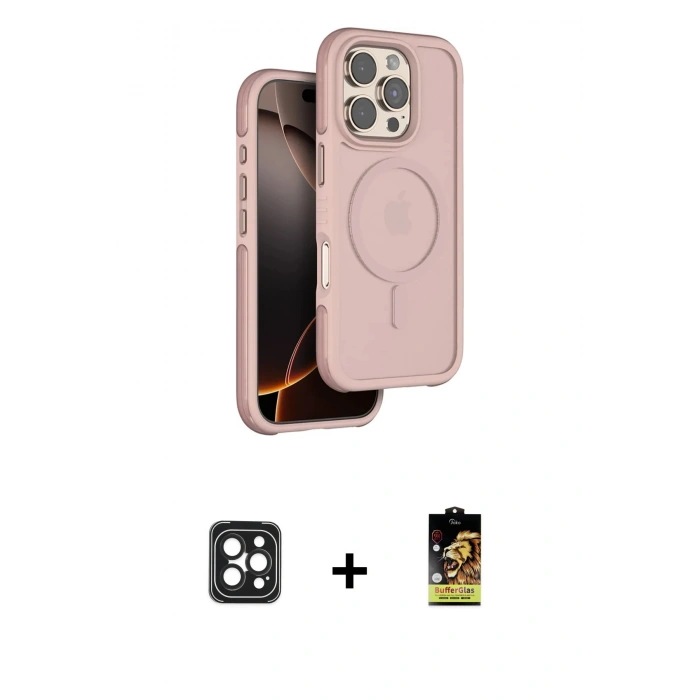 MARSİLYAN™- iPhone 16 Pro Max Kılıf Çekirdek Minimal Prime - Siyah Buffer Cam Ekran Koruyucu + PVD Metal Kamera Lens - SH