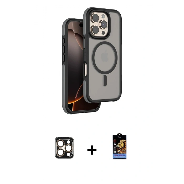 MARSİLYAN™- iPhone 16 Pro Max Kılıf Çekirdek Minimal Prime - Siyah Buffer Hayalet Cam Ekran Koruyucu + PVD Metal Kamera Lens - GD