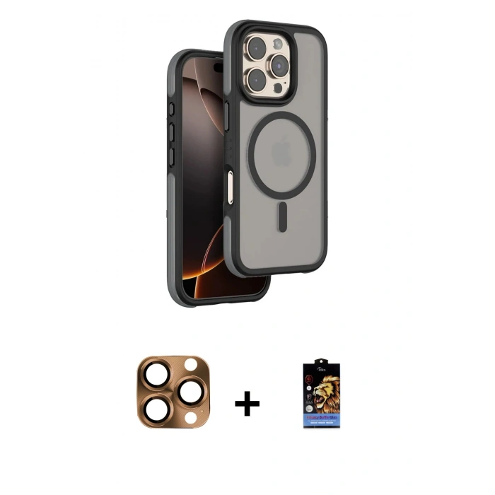 MARSİLYAN™- iPhone 16 Pro Max Kılıf Çekirdek Minimal Prime - Siyah Buffer Hayalet Cam Ekran Koruyucu + Pers Alüminyum Kamera Lens - CLTM