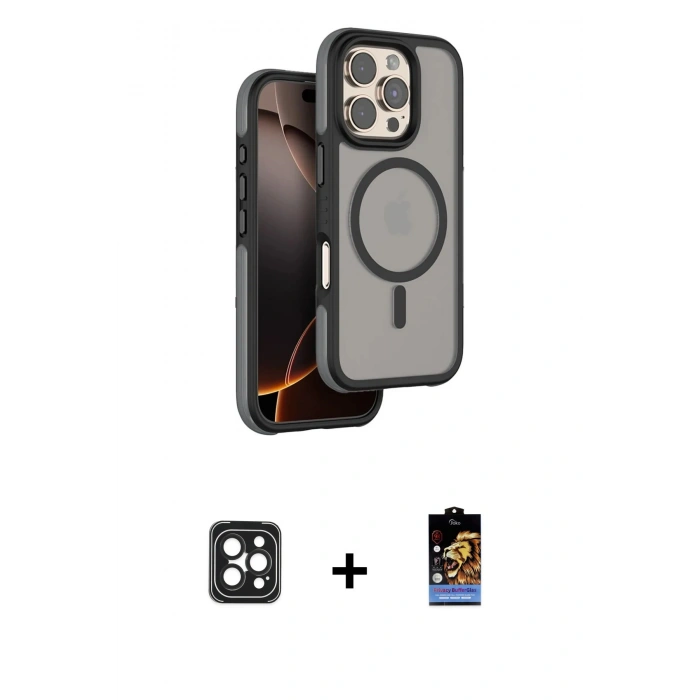 MARSİLYAN™- iPhone 16 Pro Max Kılıf Çekirdek Minimal Prime - Siyah Buffer Hayalet Cam Ekran Koruyucu + PVD Metal Kamera Lens - SH