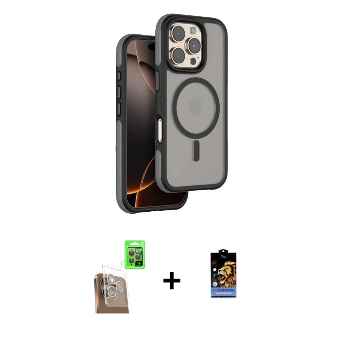 MARSİLYAN™- iPhone 16 Pro Max Kılıf Çekirdek Minimal Prime - Siyah Buffer Hayalet Cam Ekran Koruyucu + Raze Metal Kamera Lens - CLTM