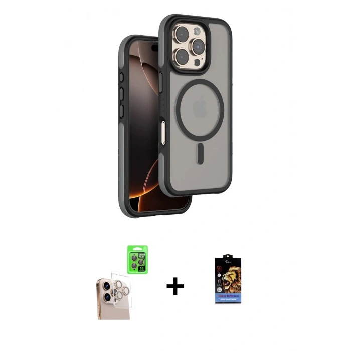 MARSİLYAN™- iPhone 16 Pro Max Kılıf Çekirdek Minimal Prime - Siyah Buffer Hayalet Cam Ekran Koruyucu + Raze Metal Kamera Lens - NLGY