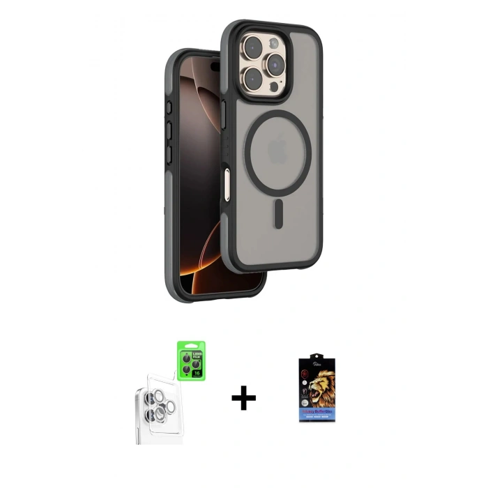 MARSİLYAN™- iPhone 16 Pro Max Kılıf Çekirdek Minimal Prime - Siyah Buffer Hayalet Cam Ekran Koruyucu + Raze Metal Kamera Lens - BZ