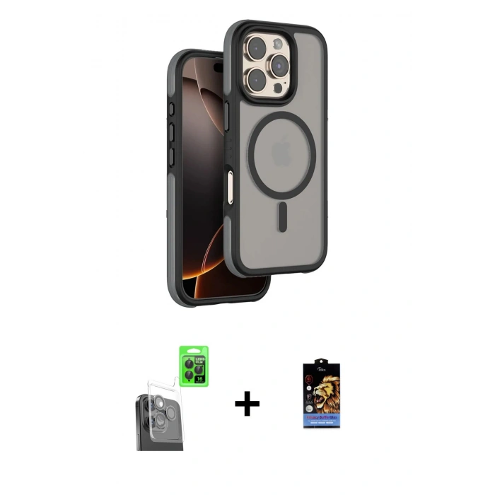 MARSİLYAN™- iPhone 16 Pro Max Kılıf Çekirdek Minimal Prime - Siyah Buffer Hayalet Cam Ekran Koruyucu + Siyah Raze Metal Kamera Lens