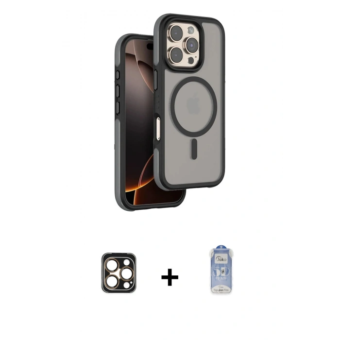 MARSİLYAN™- iPhone 16 Pro Max Kılıf Çekirdek Minimal Prime - Siyah Joko Magic 5D Cam + PVD Metal Kamera Lens - GD