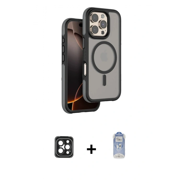 MARSİLYAN™- iPhone 16 Pro Max Kılıf Çekirdek Minimal Prime - Siyah Joko Magic 5D Cam + PVD Metal Kamera Lens - SH