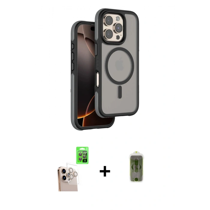 MARSİLYAN™- iPhone 16 Pro Max Kılıf Çekirdek Minimal Prime - Siyah Joko Magic 5D Hayalet Cam + Natural Grey Raze Metal Kamera Lens