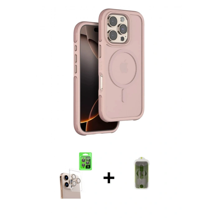 MARSİLYAN™- iPhone 16 Pro Max Kılıf Çekirdek Minimal Prime - Siyah Joko Magic 5D Hayalet Cam + Natural Grey Raze Metal Kamera Lens