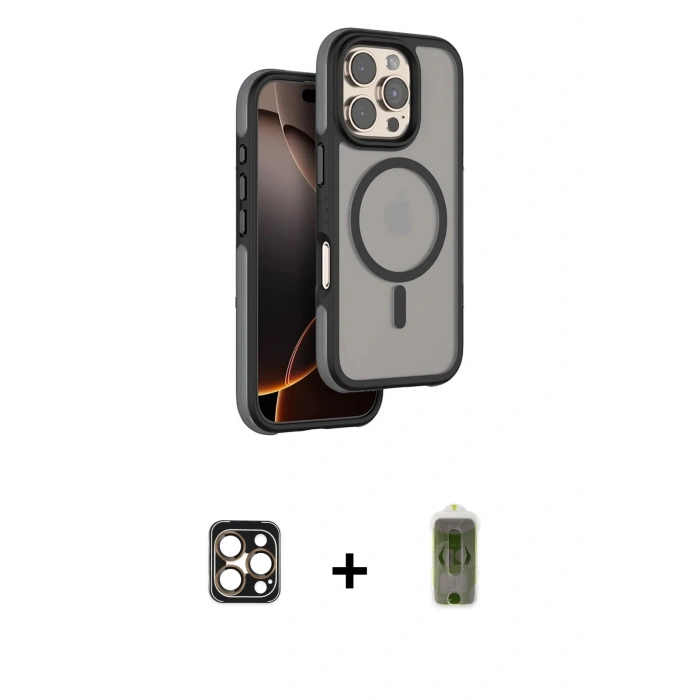 MARSİLYAN™- iPhone 16 Pro Max Kılıf Çekirdek Minimal Prime - Siyah Joko Magic 5D Hayalet Cam + PVD Metal Kamera Lens - GD