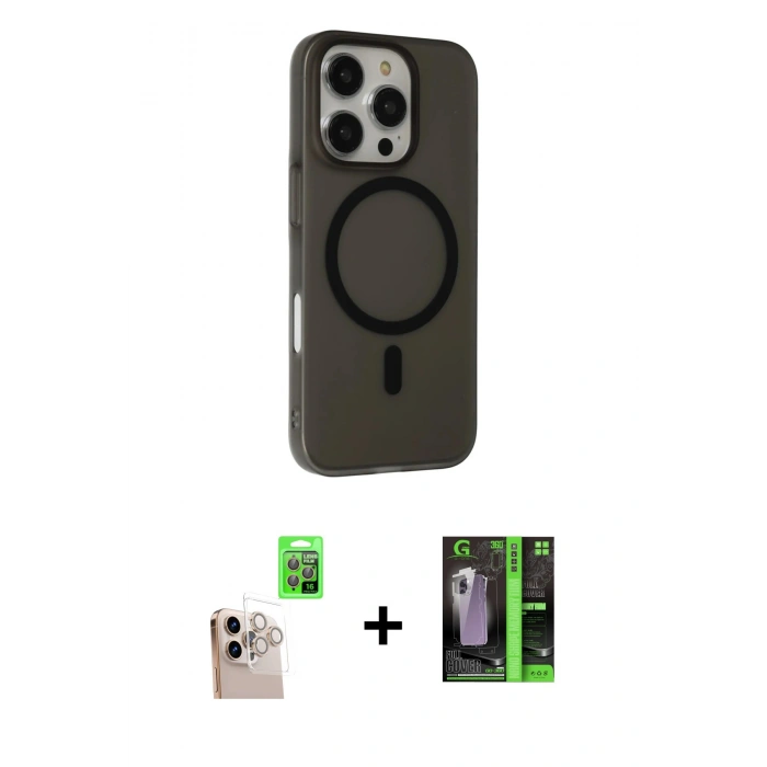 MARSİLYAN™- iPhone 16 Pro Max Kılıf Çekirdek Modern Prime - Şeffaf 360 Full Body Arka Koruyucu + Natural Grey Raze Metal Kamera Lens