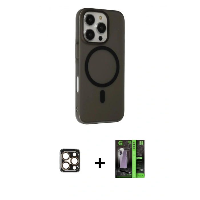 MARSİLYAN™- iPhone 16 Pro Max Kılıf Çekirdek Modern Prime - Şeffaf 360 Full Body Arka Koruyucu + PVD Metal Kamera Lens - GD