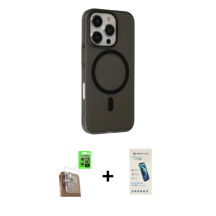 MARSİLYAN™- iPhone 16 Pro Max Kılıf Çekirdek Modern Prime - Şeffaf Pasifik Cam Ekran Koruyucu + Raze Metal Kamera Lens - CLTM