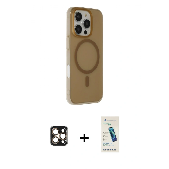 MARSİLYAN™- iPhone 16 Pro Max Kılıf Çekirdek Modern Prime - Şeffaf Pasifik Cam Ekran Koruyucu + PVD Metal Kamera Lens - GD