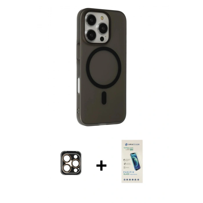MARSİLYAN™- iPhone 16 Pro Max Kılıf Çekirdek Modern Prime - Şeffaf Pasifik Cam Ekran Koruyucu + PVD Metal Kamera Lens - GD