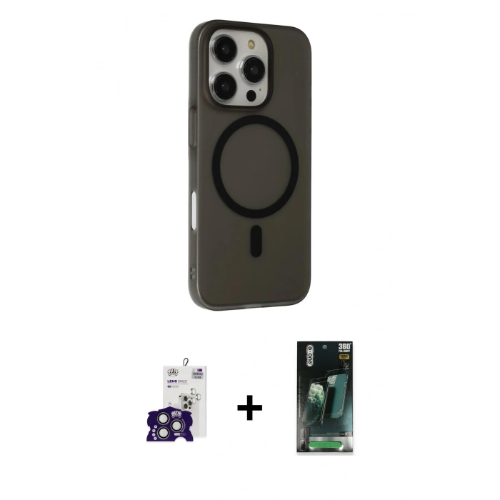 MARSİLYAN™- iPhone 16 Pro Max Kılıf Çekirdek Modern Prime - Siyah 360 Mat Full Body Arka Koruyucu + Bilvis Titan Kamera Lens - TMGI