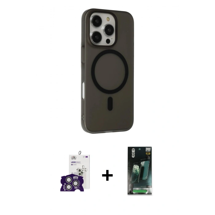 MARSİLYAN™- iPhone 16 Pro Max Kılıf Çekirdek Modern Prime - Siyah 360 Mat Full Body Arka Koruyucu + Bilvis Titan Kamera Lens - GS