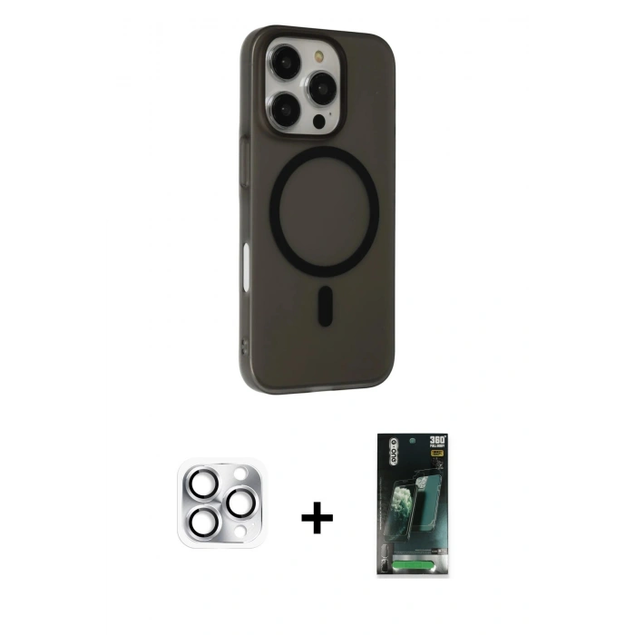 MARSİLYAN™- iPhone 16 Pro Max Kılıf Çekirdek Modern Prime - Siyah 360 Mat Full Body Arka Koruyucu + Pers Alüminyum Kamera Lens - GS