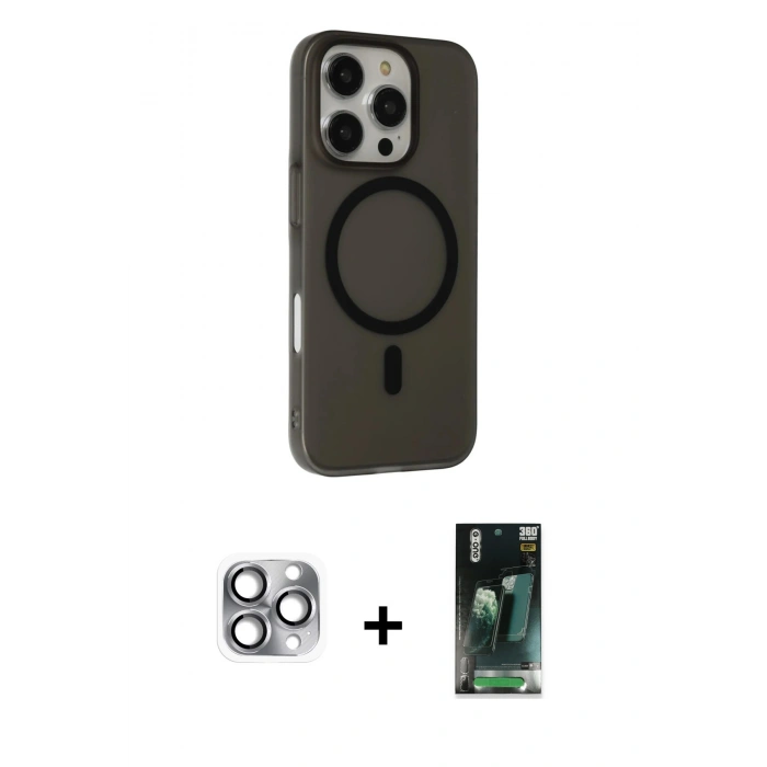 MARSİLYAN™- iPhone 16 Pro Max Kılıf Çekirdek Modern Prime - Siyah 360 Mat Full Body Arka Koruyucu + Pers Alüminyum Kamera Lens - GI