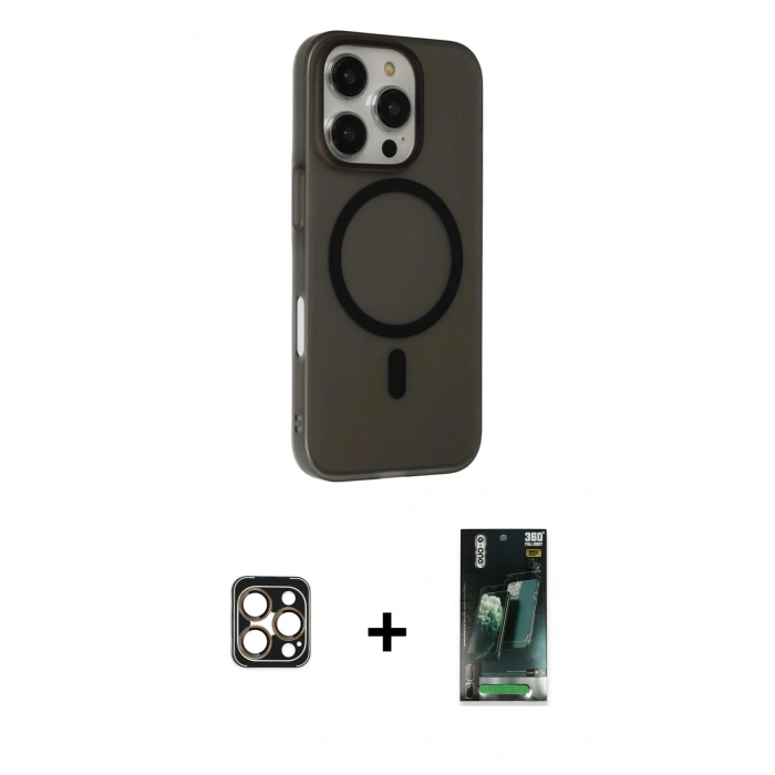 MARSİLYAN™- iPhone 16 Pro Max Kılıf Çekirdek Modern Prime - Siyah 360 Mat Full Body Arka Koruyucu + PVD Metal Kamera Lens - GD