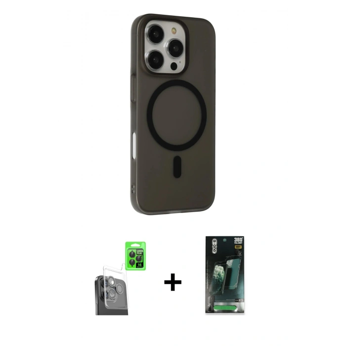 MARSİLYAN™- iPhone 16 Pro Max Kılıf Çekirdek Modern Prime - Siyah 360 Mat Full Body Arka Koruyucu + Raze Metal Kamera Lens - SH