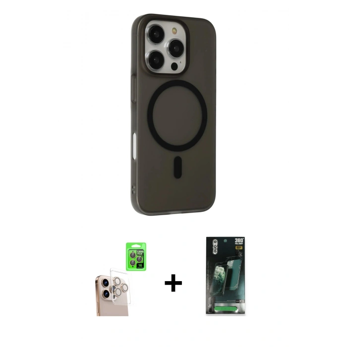 MARSİLYAN™- iPhone 16 Pro Max Kılıf Çekirdek Modern Prime - Siyah 360 Mat Full Body Arka Koruyucu + Raze Metal Kamera Lens - NLGY