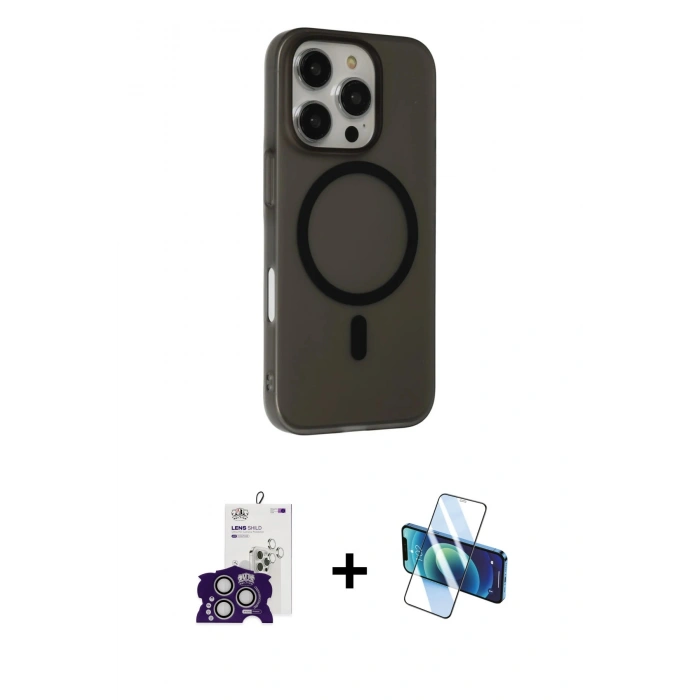 MARSİLYAN™- iPhone 16 Pro Max Kılıf Çekirdek Modern Prime - Siyah 3D Antistatik Cam Ekran Koruyucu + Bilvis Titan Kamera Lens - GS