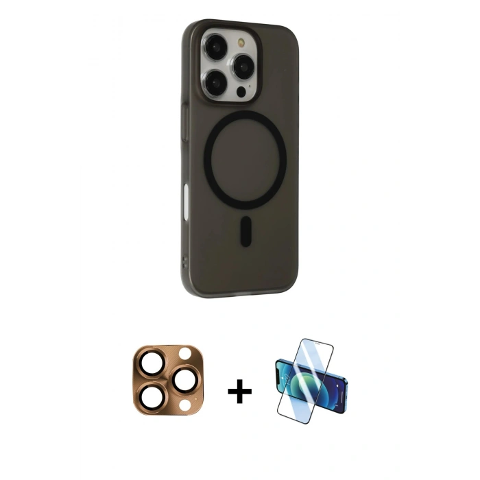 MARSİLYAN™- iPhone 16 Pro Max Kılıf Çekirdek Modern Prime - Siyah 3D Antistatik Cam Ekran Koruyucu + Pers Alüminyum Kamera Lens - CLTM