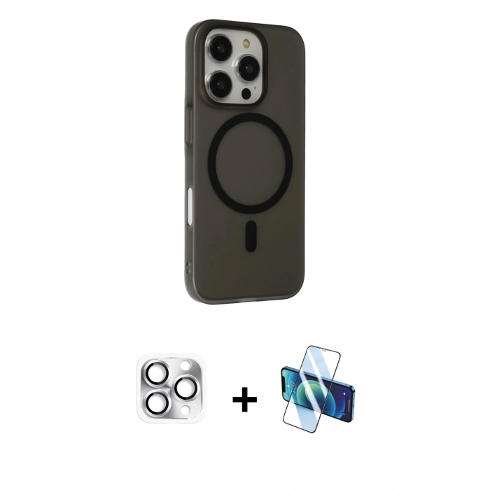 MARSİLYAN™- iPhone 16 Pro Max Kılıf Çekirdek Modern Prime - Siyah 3D Antistatik Cam Ekran Koruyucu + Pers Alüminyum Kamera Lens - GS
