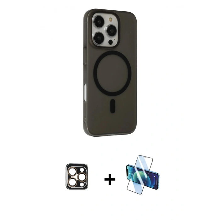 MARSİLYAN™- iPhone 16 Pro Max Kılıf Çekirdek Modern Prime - Siyah 3D Antistatik Cam Ekran Koruyucu + PVD Metal Kamera Lens - GD
