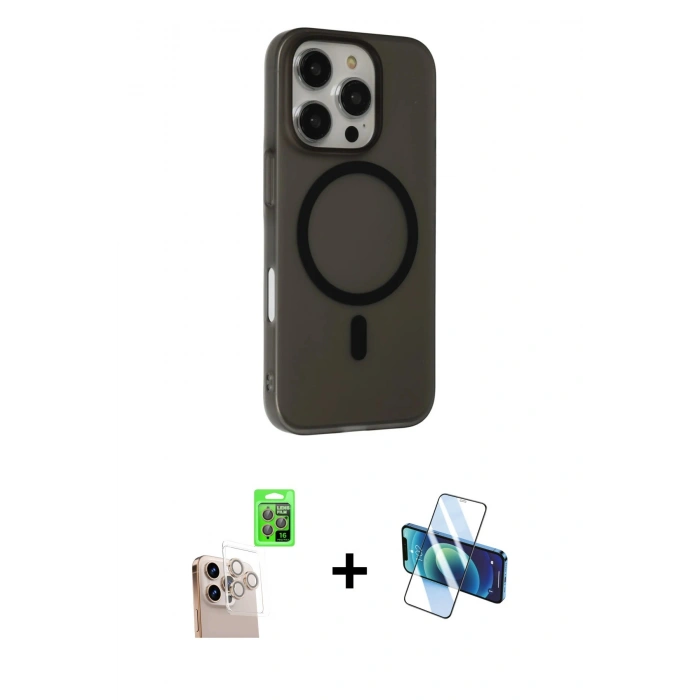 MARSİLYAN™- iPhone 16 Pro Max Kılıf Çekirdek Modern Prime - Siyah 3D Antistatik Cam Ekran Koruyucu + Raze Metal Kamera Lens - NLGY