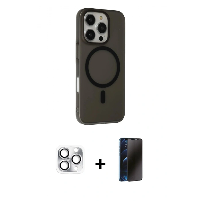 MARSİLYAN™- iPhone 16 Pro Max Kılıf Çekirdek Modern Prime - Siyah 3D Antistatik Hayalet Cam Ekran Koruyucu + Pers Alüminyum Kamera Lens - GS