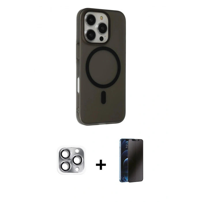 MARSİLYAN™- iPhone 16 Pro Max Kılıf Çekirdek Modern Prime - Siyah 3D Antistatik Hayalet Cam Ekran Koruyucu + Pers Alüminyum Kamera Lens - GI