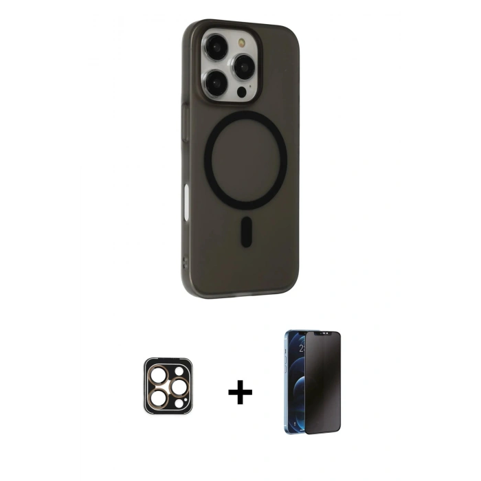 MARSİLYAN™- iPhone 16 Pro Max Kılıf Çekirdek Modern Prime - Siyah 3D Antistatik Hayalet Cam Ekran Koruyucu + PVD Metal Kamera Lens - GD