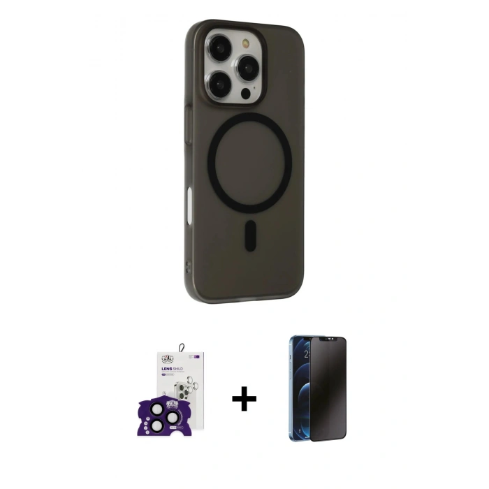 MARSİLYAN™- iPhone 16 Pro Max Kılıf Çekirdek Modern Prime - Siyah 3D Antistatik Hayalet Cam Ekran Koruyucu + Bilvis Titan Kamera Lens - SH