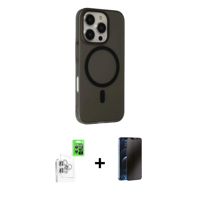 MARSİLYAN™- iPhone 16 Pro Max Kılıf Çekirdek Modern Prime - Siyah 3D Antistatik Hayalet Cam Ekran Koruyucu + Raze Metal Kamera Lens - BZ
