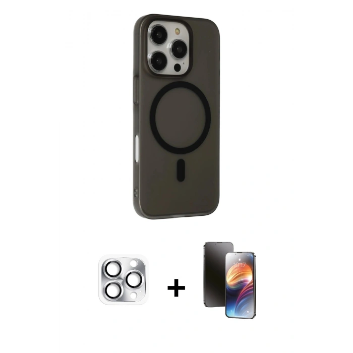 MARSİLYAN™- iPhone 16 Pro Max Kılıf Çekirdek Modern Prime - Siyah 3D Antistatik Mat Seramik Nano Ekran Koruyucu + Pers Alüminyum Kamera Lens - GS