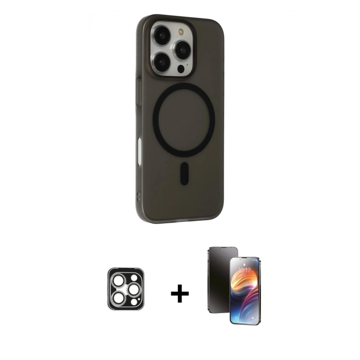 MARSİLYAN™- iPhone 16 Pro Max Kılıf Çekirdek Modern Prime - Siyah 3D Antistatik Mat Seramik Nano Ekran Koruyucu + PVD Metal Kamera Lens - GS
