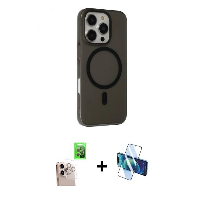 MARSİLYAN™- iPhone 16 Pro Max Kılıf Çekirdek Modern Prime - Siyah 3D Antistatik Seramik Nano Ekran Koruyucu + Raze Metal Kamera Lens - NLGY