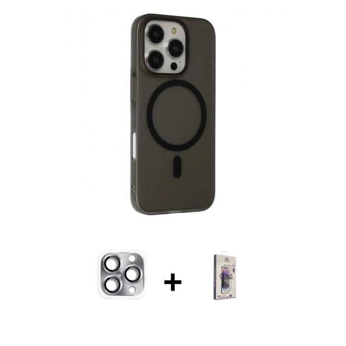 MARSİLYAN™- iPhone 16 Pro Max Kılıf Çekirdek Modern Prime - Siyah Bilvis 3D Cam Ekran Koruyucu + Pers Alüminyum Kamera Lens - GI