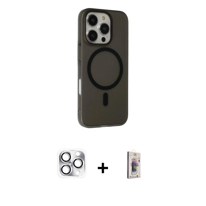 MARSİLYAN™- iPhone 16 Pro Max Kılıf Çekirdek Modern Prime - Siyah Bilvis 3D Cam Ekran Koruyucu + Pers Alüminyum Kamera Lens - GS