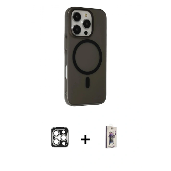 MARSİLYAN™- iPhone 16 Pro Max Kılıf Çekirdek Modern Prime - Siyah Bilvis 3D Cam Ekran Koruyucu + PVD Metal Kamera Lens - GS