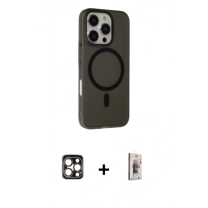 MARSİLYAN™- iPhone 16 Pro Max Kılıf Çekirdek Modern Prime - Siyah Bilvis 3D Cam Ekran Koruyucu + PVD Metal Kamera Lens - GD