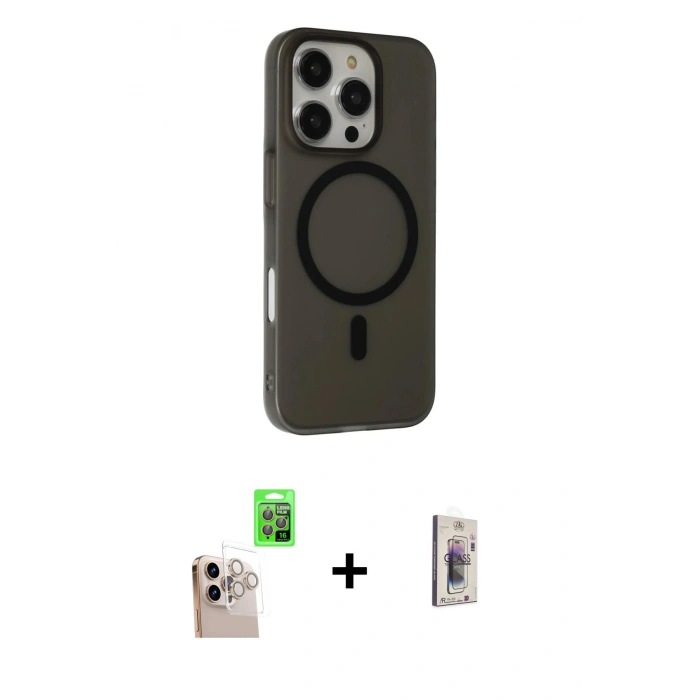 MARSİLYAN™- iPhone 16 Pro Max Kılıf Çekirdek Modern Prime - Siyah Bilvis 3D Cam Ekran Koruyucu + Raze Metal Kamera Lens - NLGY