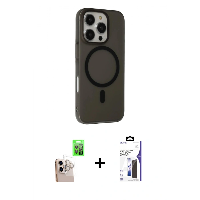 MARSİLYAN™- iPhone 16 Pro Max Kılıf Çekirdek Modern Prime - Siyah Bilvis 3X AR Hayalet Cam Ekran Koruyucu + Raze Metal Kamera Lens - NLGY