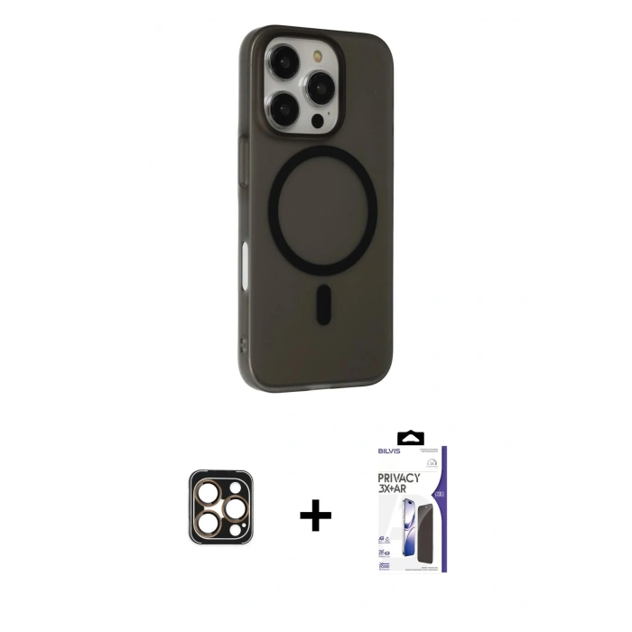MARSİLYAN™- iPhone 16 Pro Max Kılıf Çekirdek Modern Prime - Siyah Bilvis 3X AR Hayalet Cam Ekran Koruyucu + PVD Metal Kamera Lens - GD