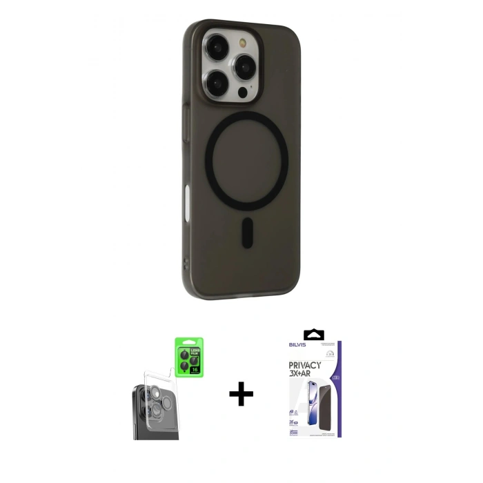 MARSİLYAN™- iPhone 16 Pro Max Kılıf Çekirdek Modern Prime - Siyah Bilvis 3X AR Hayalet Cam Ekran Koruyucu + Raze Metal Kamera Lens - SH