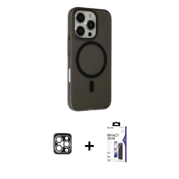 MARSİLYAN™- iPhone 16 Pro Max Kılıf Çekirdek Modern Prime - Siyah Bilvis 3X AR Hayalet Cam Ekran Koruyucu + PVD Metal Kamera Lens - GS
