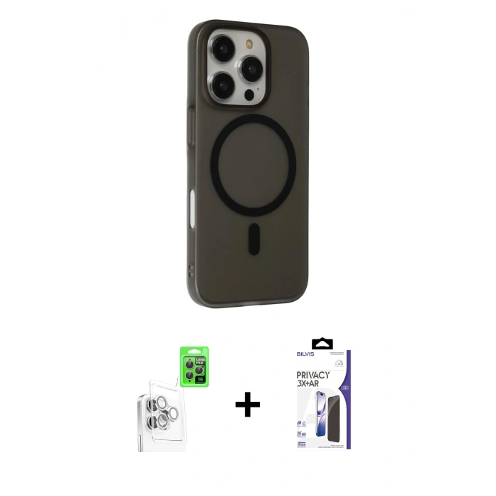 MARSİLYAN™- iPhone 16 Pro Max Kılıf Çekirdek Modern Prime - Siyah Bilvis 3X AR Hayalet Cam Ekran Koruyucu + Raze Metal Kamera Lens - BZ